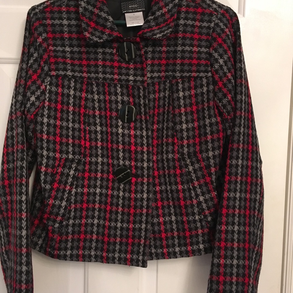 NYC red plaid jacket.  Light weight.  Size S.